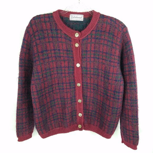 Edinburgh cardigan burgundy/black/green plaid mohair‎ blend M